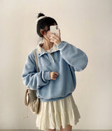Bomi Two-Tone Snap Button Fleece Loose Fit Pullover