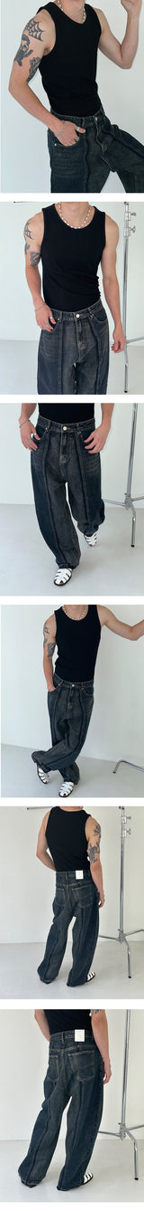 [UNISEX] Cut off line wide denim pants (2color)