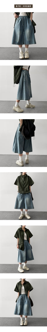 [Basic & long] Ichi banding side pintuck pleated denim Bermuda shorts