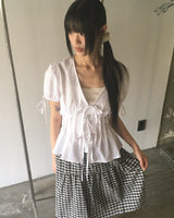 Etch Puff Ribbon Pintuck Blouse