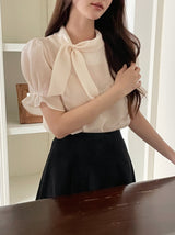 Anne Tie Pearl Puff Short Sleeve Blouse