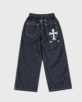 Bone Cross Stud Wide Denim Pants