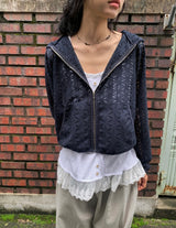 リネフ レース サマー セミクロップ フード ジップアップ