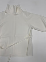 High-neck belted balloon-fit blouse