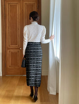 [Two-piece set] Rosy color matching knit cardigan banding skirt set