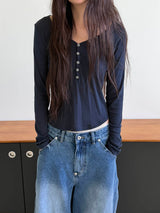 V neck button long sleeves(3color)