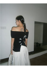 Black Macaron Bow Off Shoulder Tee