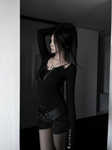 ロックシック黒ボタン長袖Tシャツ