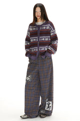 Patchwork printed drawstring design casual and relaxed loose straight-leg check pants