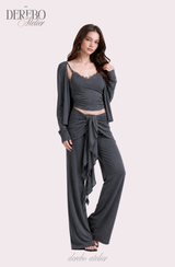 Royal Charcoal Frill Training Three-Piece Setup (Cardigan+Sleeveless+Pants)