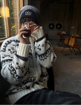 Ethnic Collar Over Knit Zip-Up