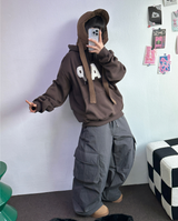 フリース🔥ハットプリンティングレタリングタトゥーパッチビッグフーディー 💙🩶🤎3COLOR