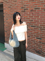 Sirom リボンストラップリブドオフショルダー半袖Tシャツ