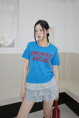 Blue Red Lettering Round Short-Sleeved Knitwear