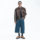 Washed Line Leather Jacket - BROWN