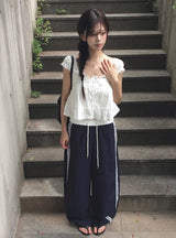 Amu Lace Frill Button Puff Short Sleeve Blouse