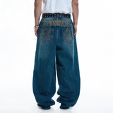 Lettering Wide Denim Pants - DEEP BLUE