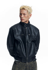 High Neck Leather Crop Jacket - Black