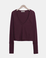 Poin Deep V-Neck Button-Sleeve Long-Sleeve T-Shirt