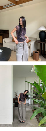 Corset strap back see-through short sleeve T-shirt