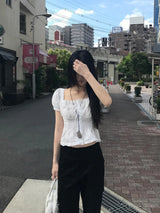 ロミー スクエア レース リボン パフ スモーク ブラウス