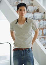 ストライプヘンリーネックハーフTシャツ(Ivory)