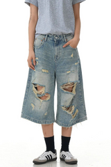 Distressed Washed Cropped Jeans