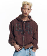 Washed Leather Patch Hooded Zip-Up - Brown