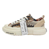 Beige Multicolor Frayed Textile Chunky Sneakers, Unisex Low Top Lace Up Shoes