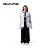 Gray Striped 100% Cotton Oversized Long Sleeve Button-Up Shirt with Chest Pockets