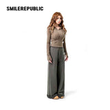 Dark Green 100% Cotton A-Line Wide Leg Sweatpants with Drawstring Waist and Logo Graphic