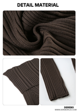 Deep Brown V-neck Off-Shoulder Long-Sleeved Top
