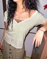 (3color) Lace Stripe Hood Short Sleeve Tee