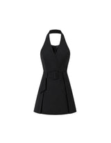 Isolde Halter Neck Belt Pintuck Pleated A-Line Mini Dress Black
