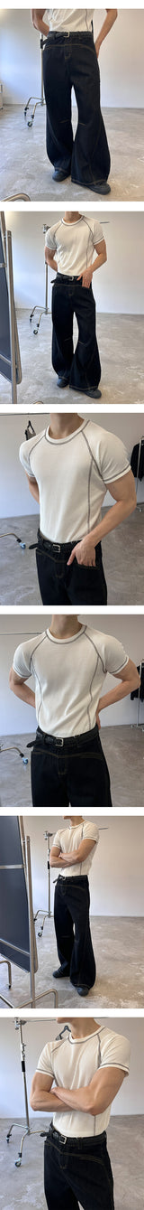 [MUSCLE FIT] Stitch waffle half t-shirts(3color)
