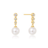 gold tennis bead stone pearl drop stud 14k gold plating + 925 silver earrings E065-03G