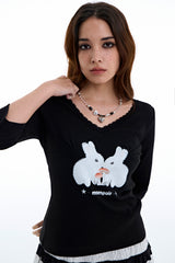 ラビットレースVネックTシャツ