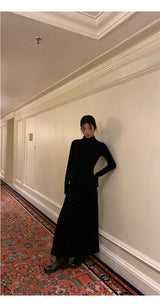 Half Turtleneck Black Flared Long Dress