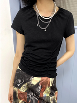 ソリッドカラーラウンドネックジャカード半袖Tシャツ
