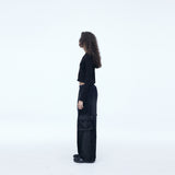 Washing Corduroy Cargo Banding Denim Pants Black