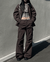 Steel zipper cargo cotton long wide work pants (4 colors)