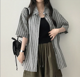 D'ru リネンストライプボクシーフィット半袖シャツ
