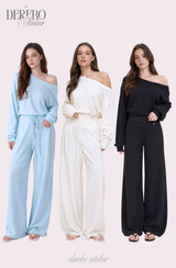 Waffle Asymmetrical Off-Shoulder Sweat Pants Set (TOP+PANTS SET)