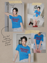 Blue Red Lettering Round Short-Sleeved Knitwear