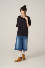 ケーブルウォッシング半袖ニット - Navy