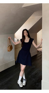 Navy Round Square Flared Dress