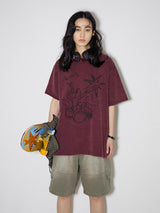 ダークワインレッドドラムキットウォッシュ加工ヴィンテージ半袖Tシャツ