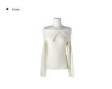 Fuzz Collar Rib Off-Shoulder Slit Long Sleeve Knit