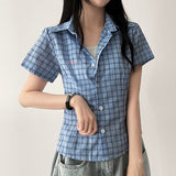 Peaky Pink Heart Embroidered Checkered Short-Sleeved Shirt