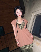 (2color) Bead Shirring Halterneck Stripe Mini Dress